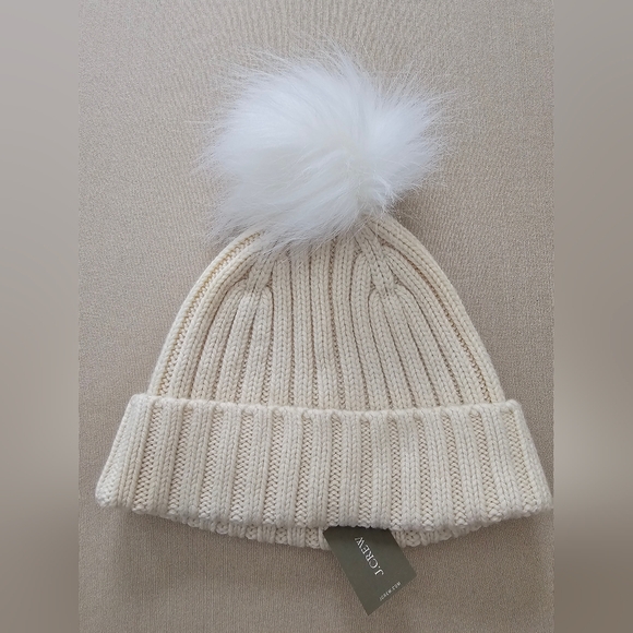 J. Crew Accessories - NWT Women's J Crew Cream Winter Hat / Beanie with White Faux Fur Pom Pom